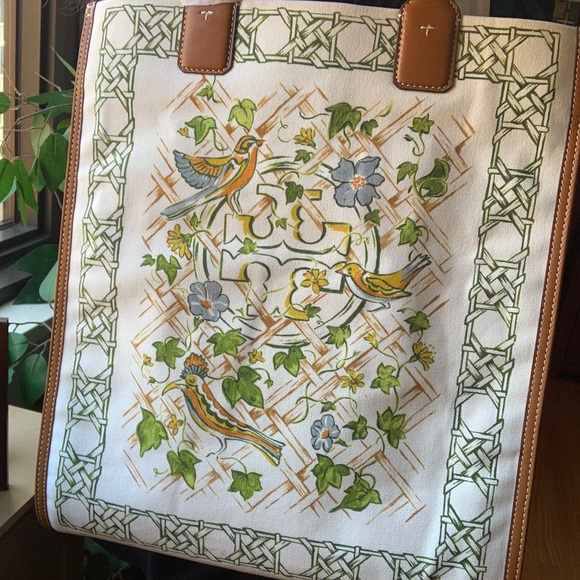 Authentic TORY BURCH Leather/Cotton printed magnetic snap long Tote - Picture 8 of 12